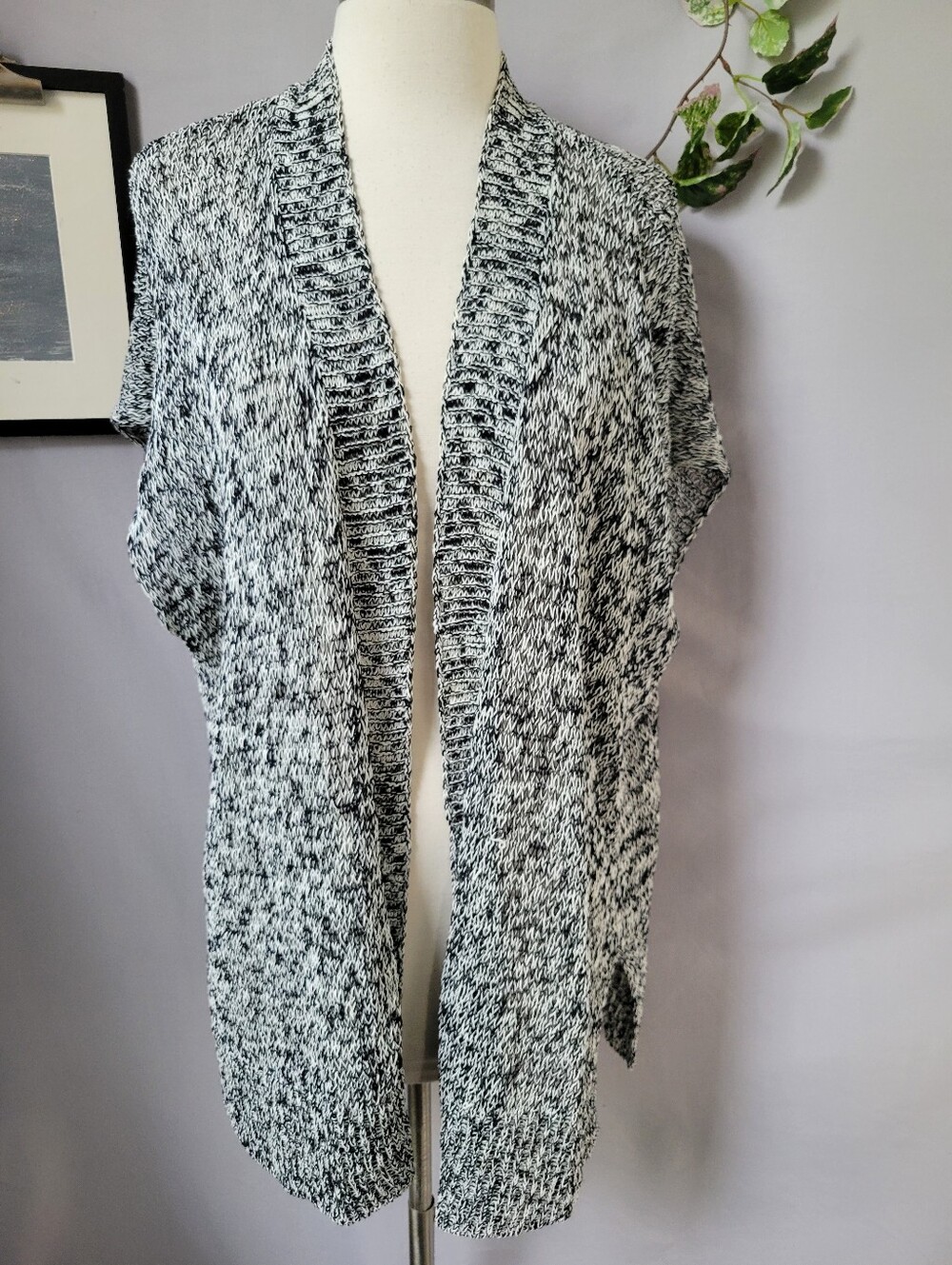 Eileen Fisher Organic Melange Linen Grain Twist Cardigan Black White L